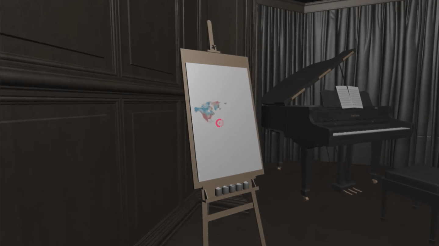 3D rendered room consisting of a canvas and piano