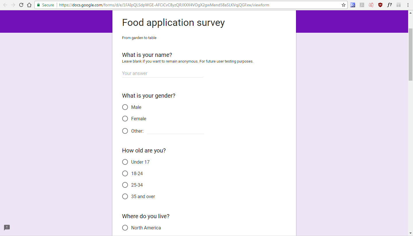 Initial user survey asking about cooking and gardening experience