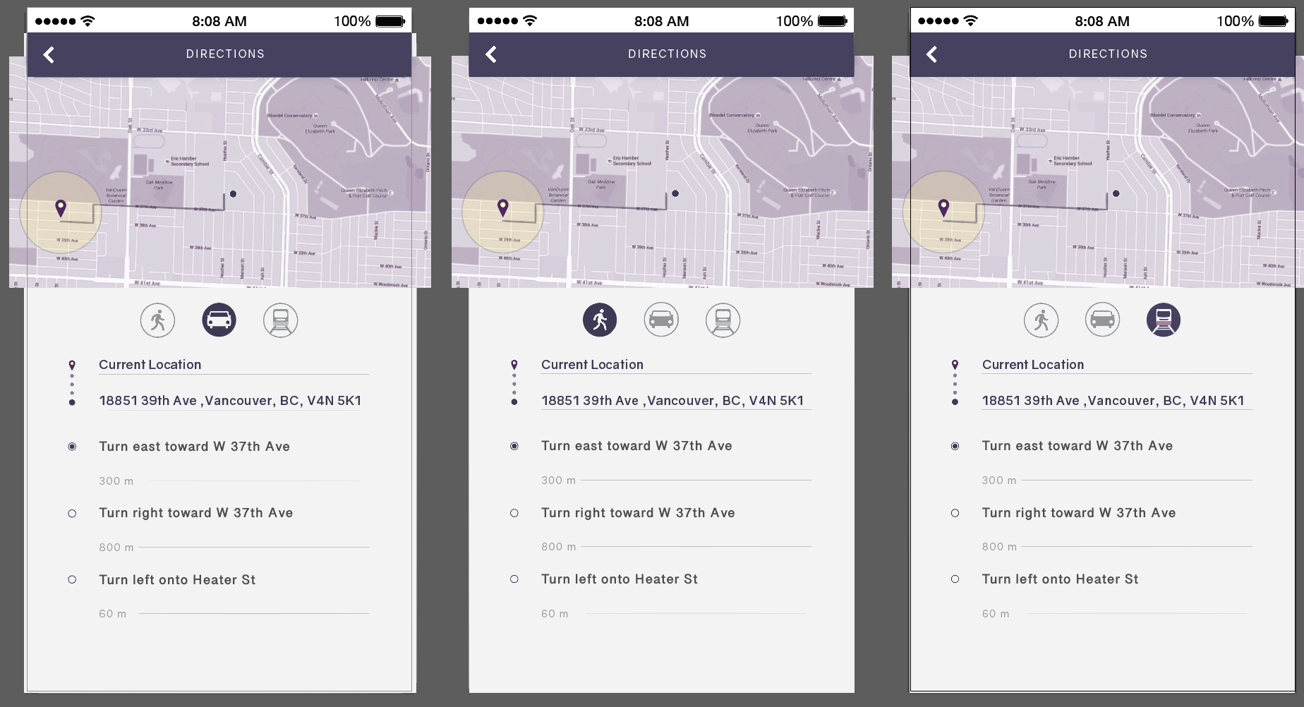 a design process that contains 3 user interfaces of the various map direction methods that is part of the app