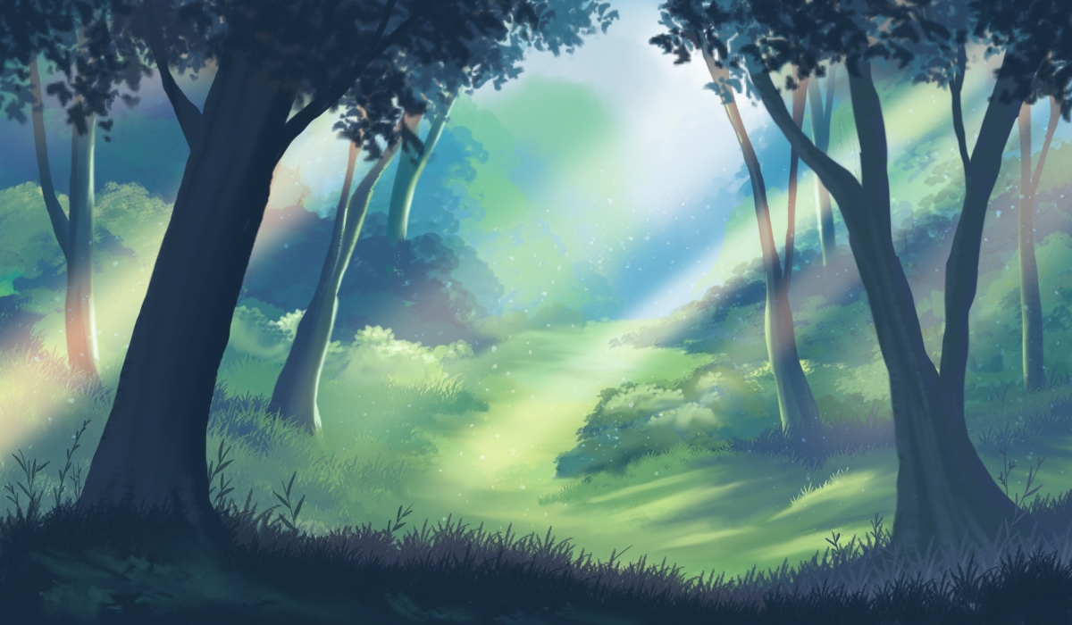 A digital painting of a forest path