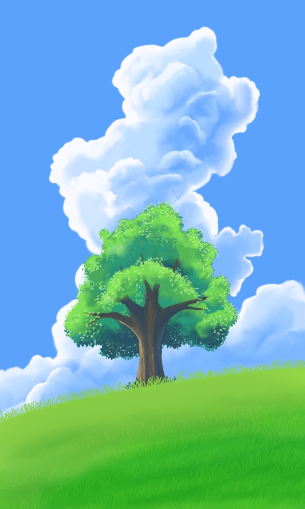 A digital painting of a single tree in a field of grass, with a massive cloud in the blue sky behind the tree