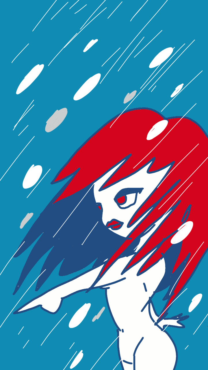 A female with red hair is naked and pointing to a location, while under a snow storm