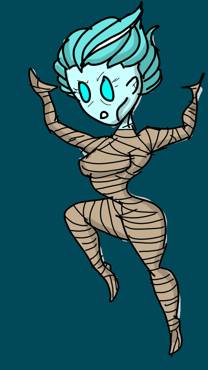 A mummy with blue hair, wearing a bandaged body-suit is jumping up