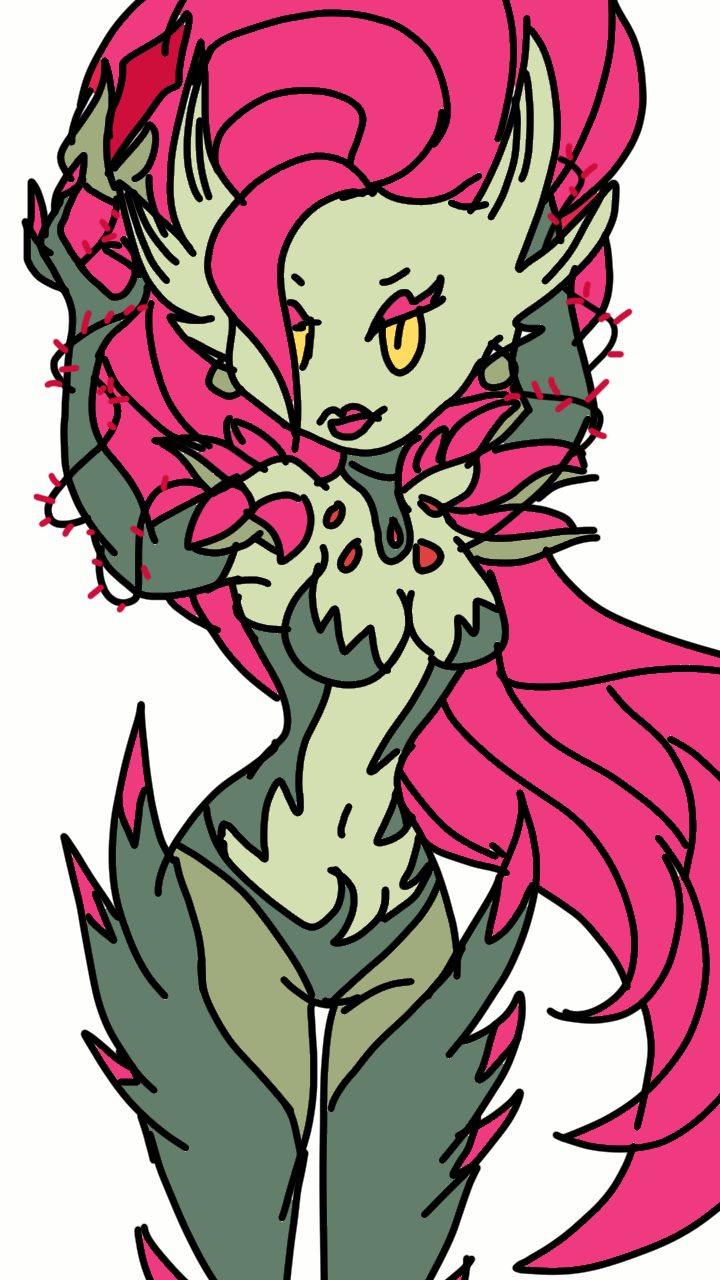 A feminine creature with long pink hair aand green body is holding her hair up