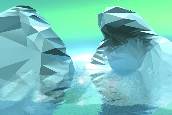 A low-poly 3D model of a frozen glacier in water