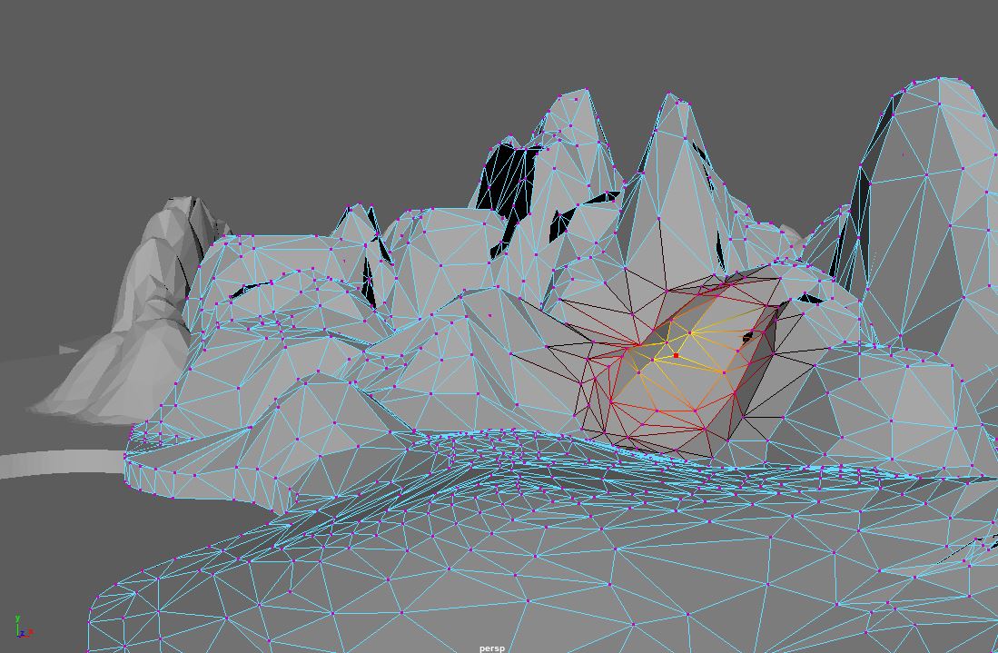 A low-poly 3D model of a terrain in early stages of progress