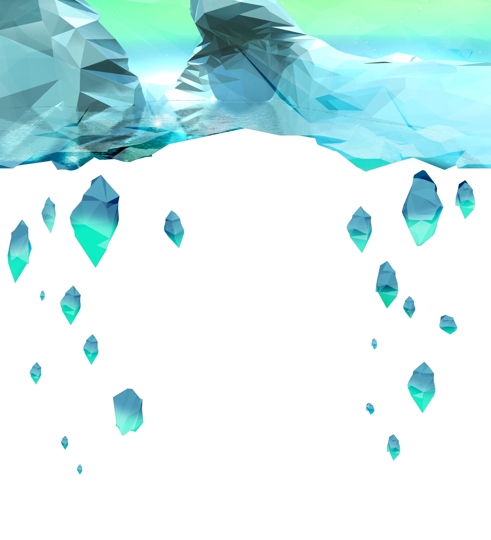 A low-poly 3D model of a frozen glacier in water, overlayed into a crumbling header image