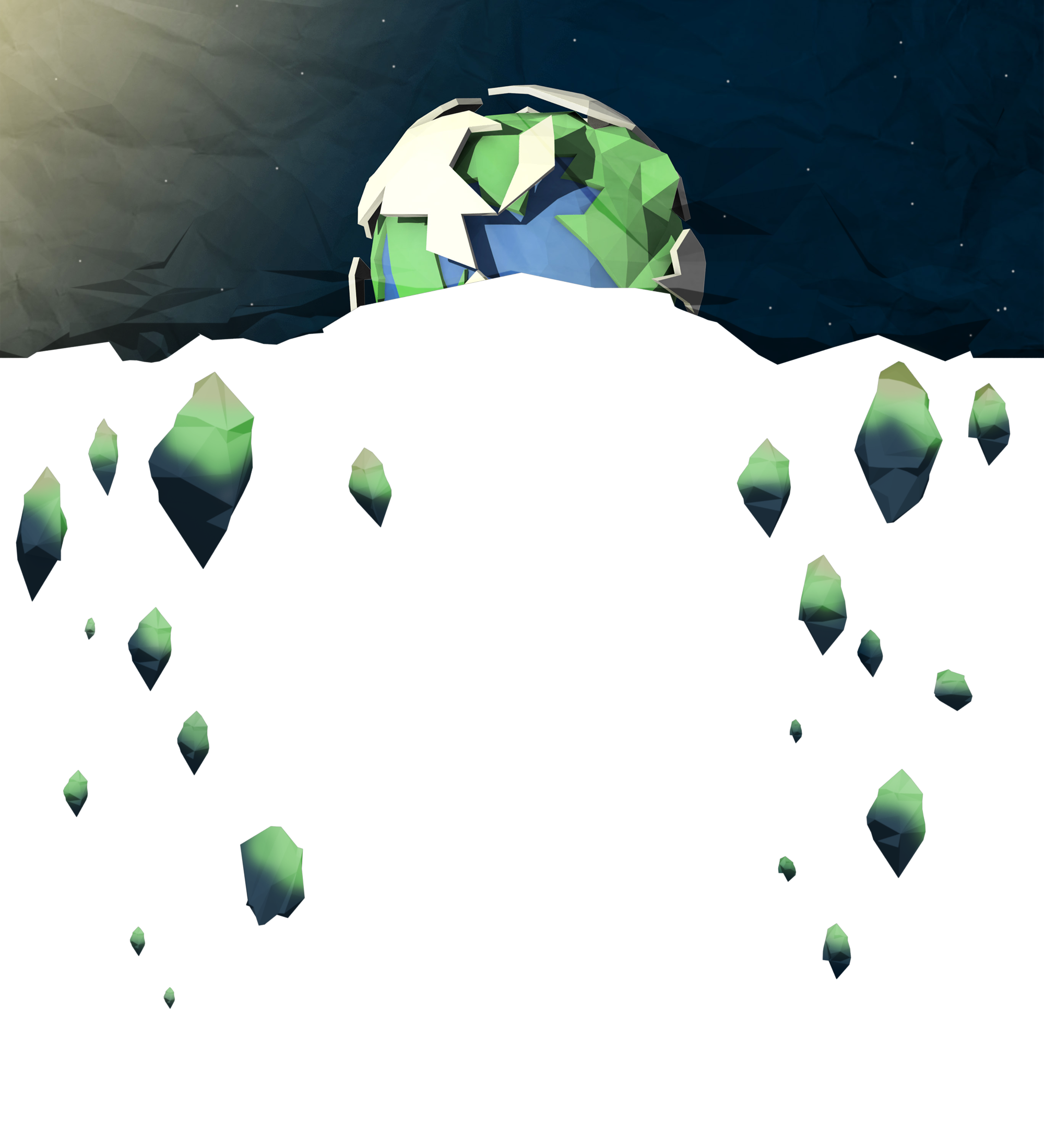 A low-poly 3D model of Earth in outer space, overlayed into a crumbling header image