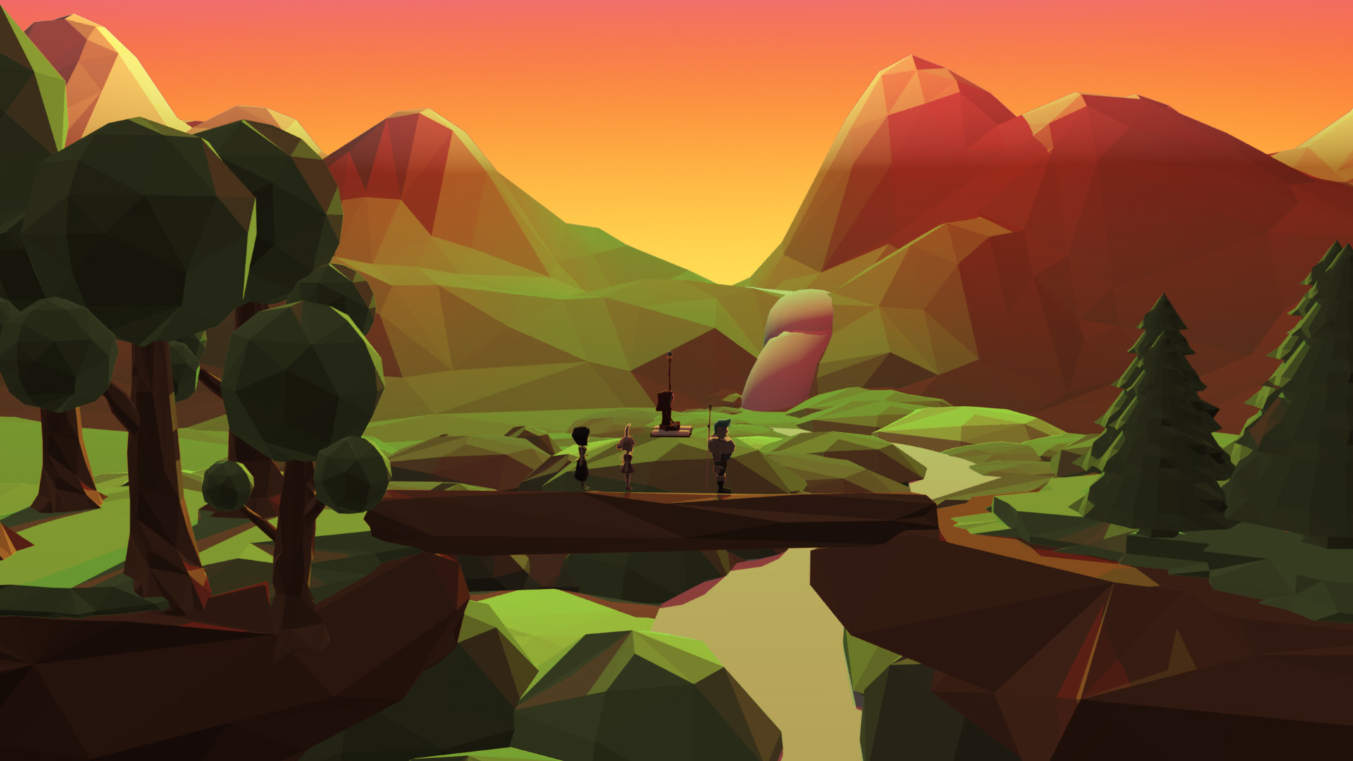A new version of a landscape with an orange sunset that shows four characters walking on a fallen tree acting as a bridge
