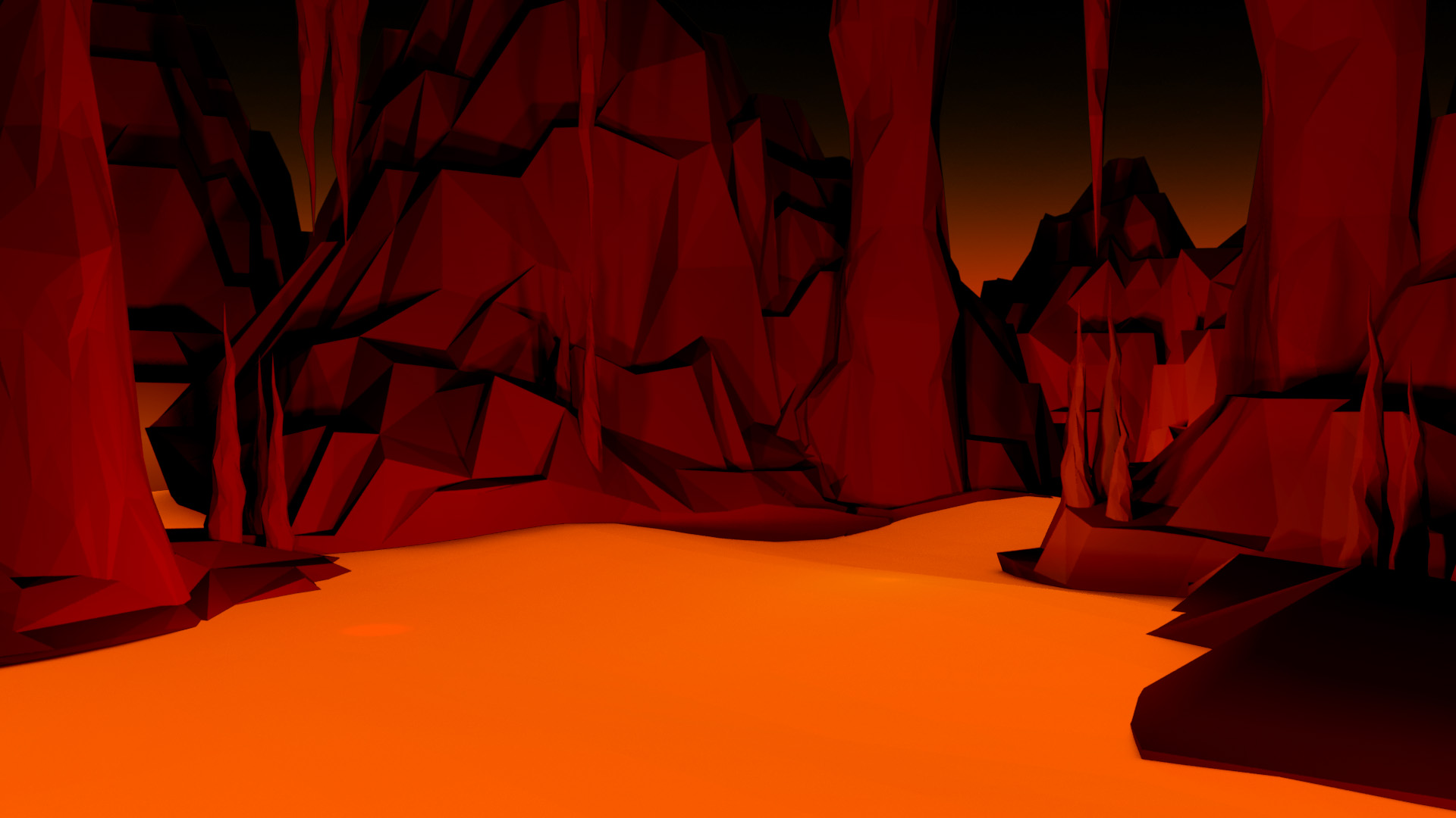 A low-poly 3D model scene of a lava cave