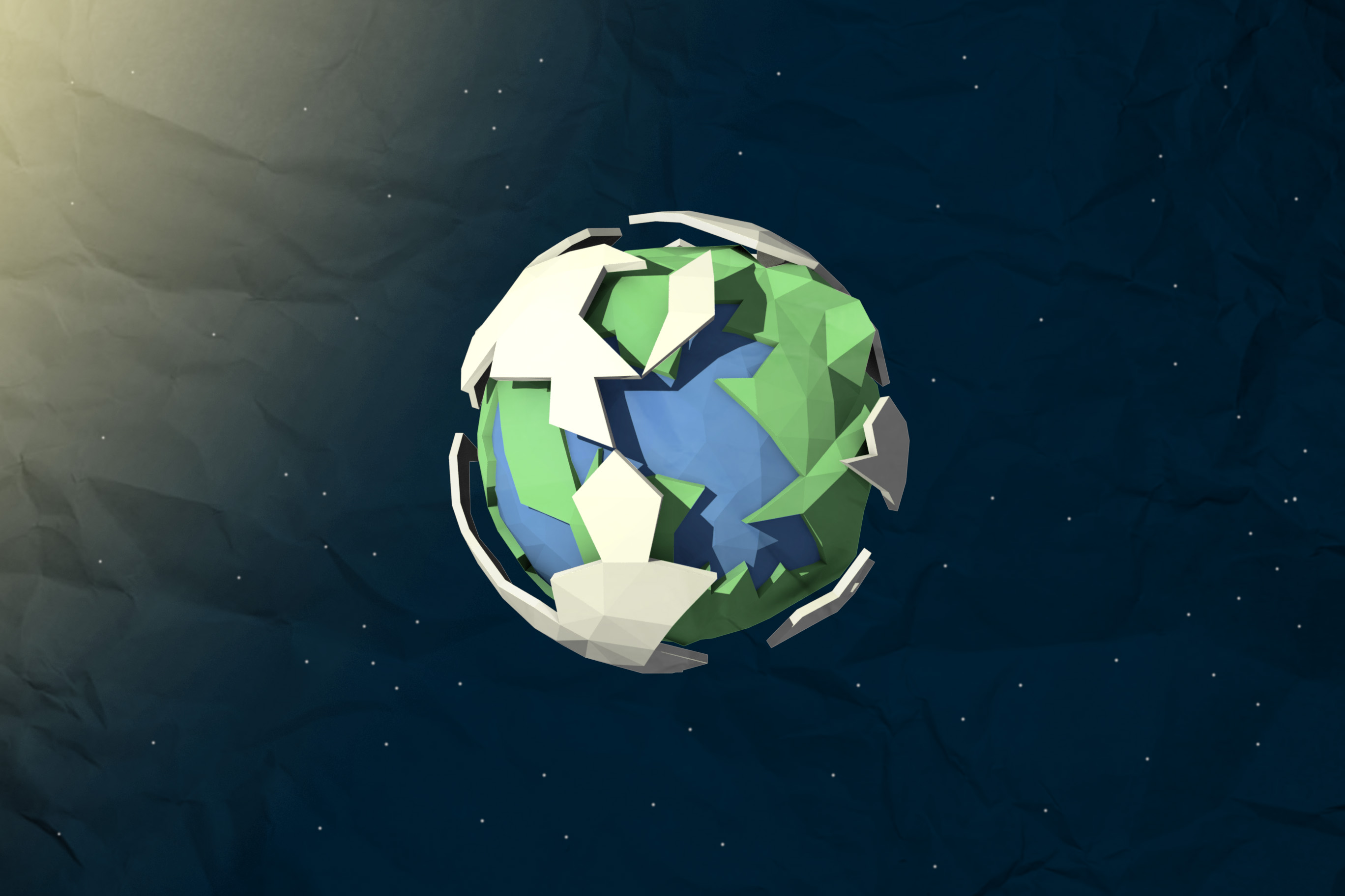 A low-poly 3D model of Earth in outer space