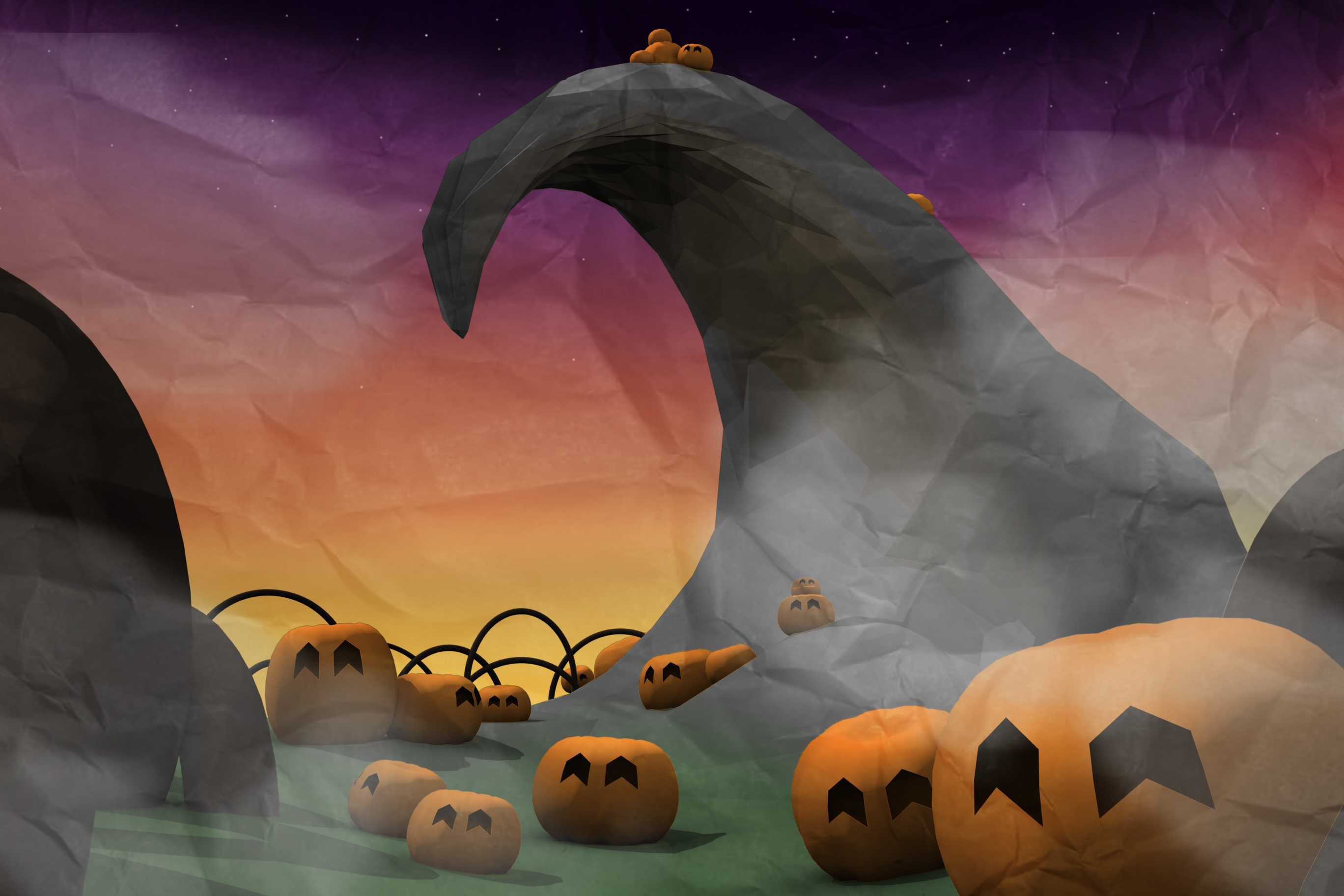 A low-poly 3D model of a Halloween-themed landscape