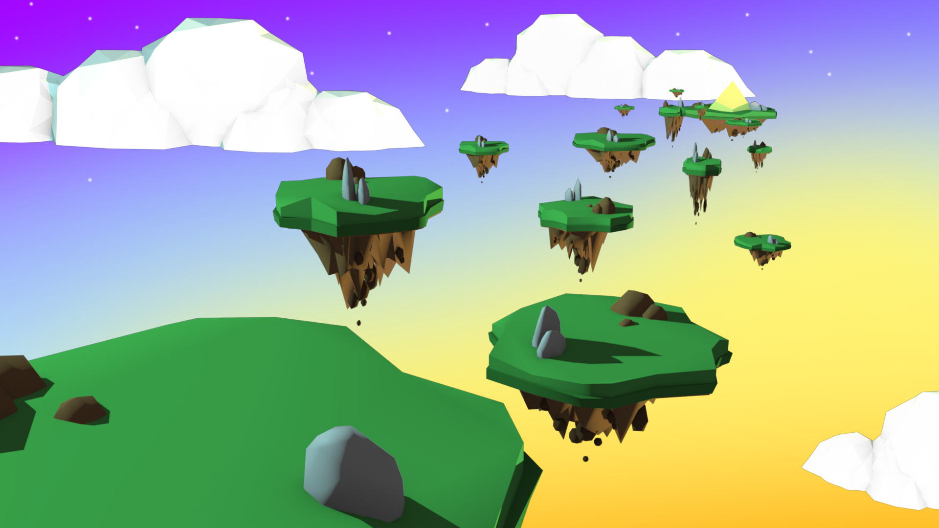 A low-poly 3D model of a bunch of floating islands that leads to an island with a yellow pyramid