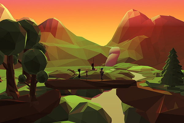 A landscape in sunset that shows four characters walking on a fallen tree acting as a bridge
