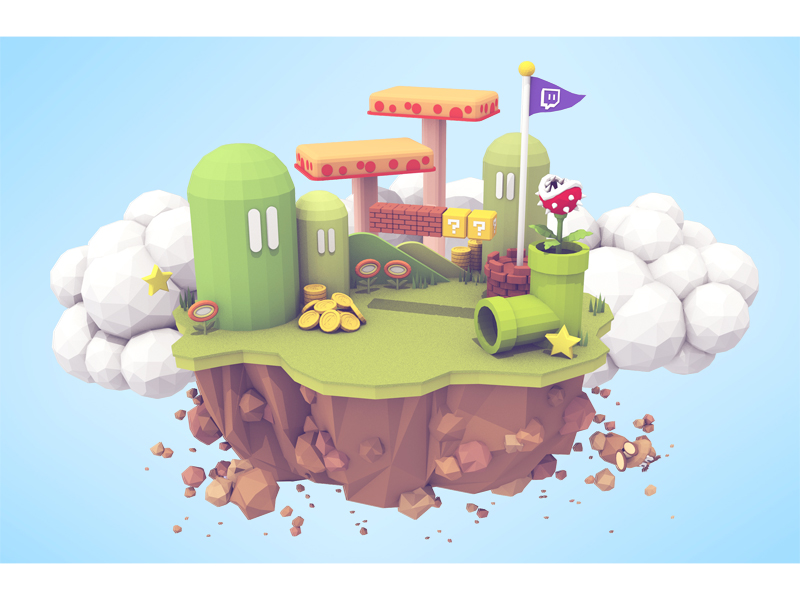 A low-poly 3D model of a Mario-themed island, made by Timothy J. Reynolds