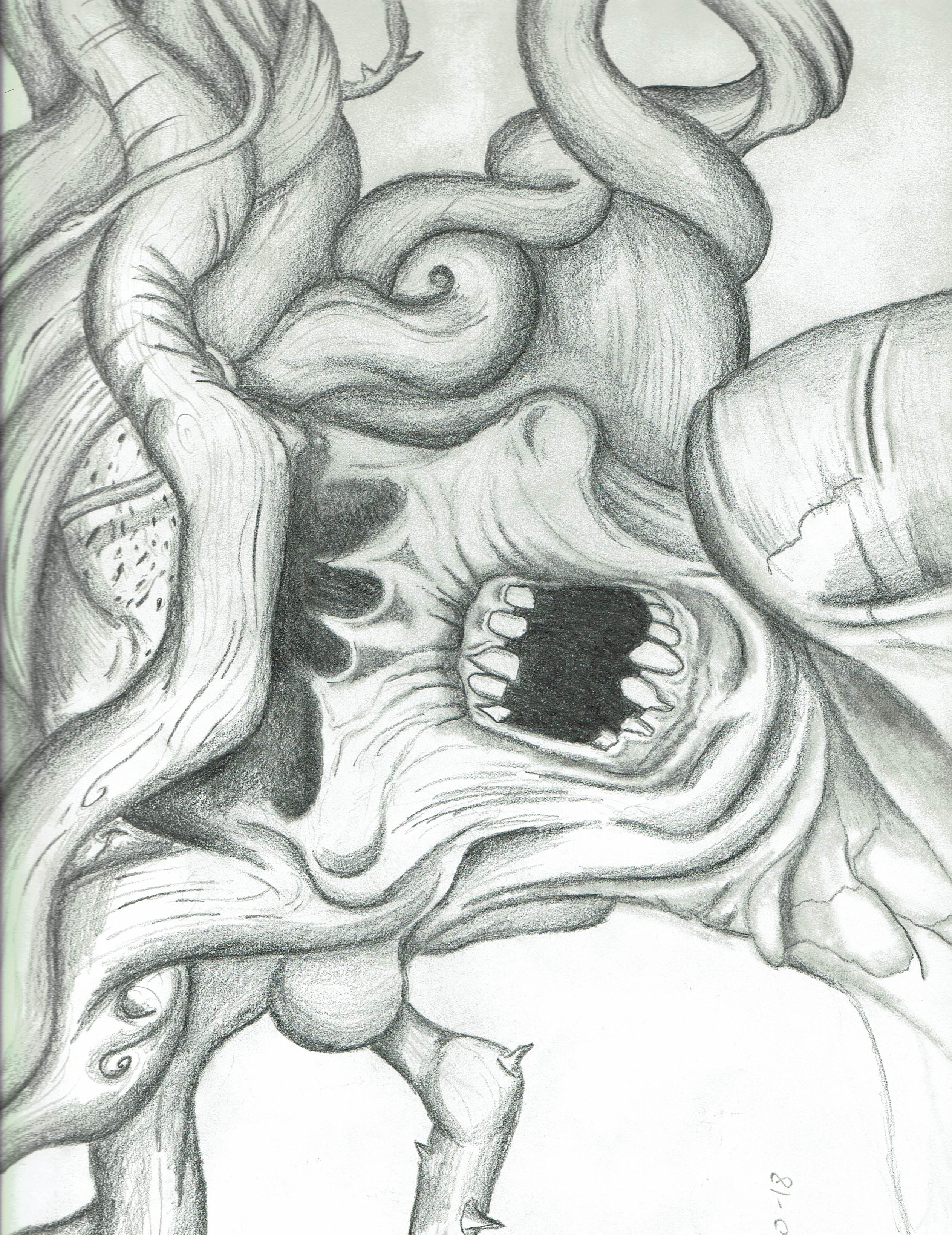A drawing of a close-up of a fictional monster
