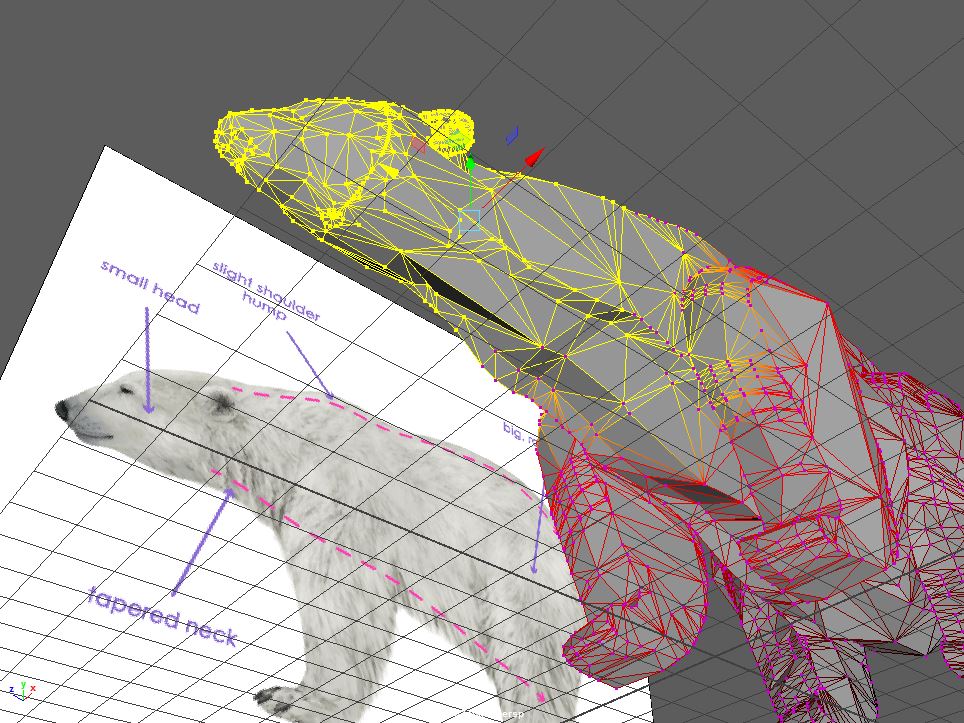 a worm's eyeview of the finished low-poly 3D polygon polar bear beside a diagram of a polar bear in Maya