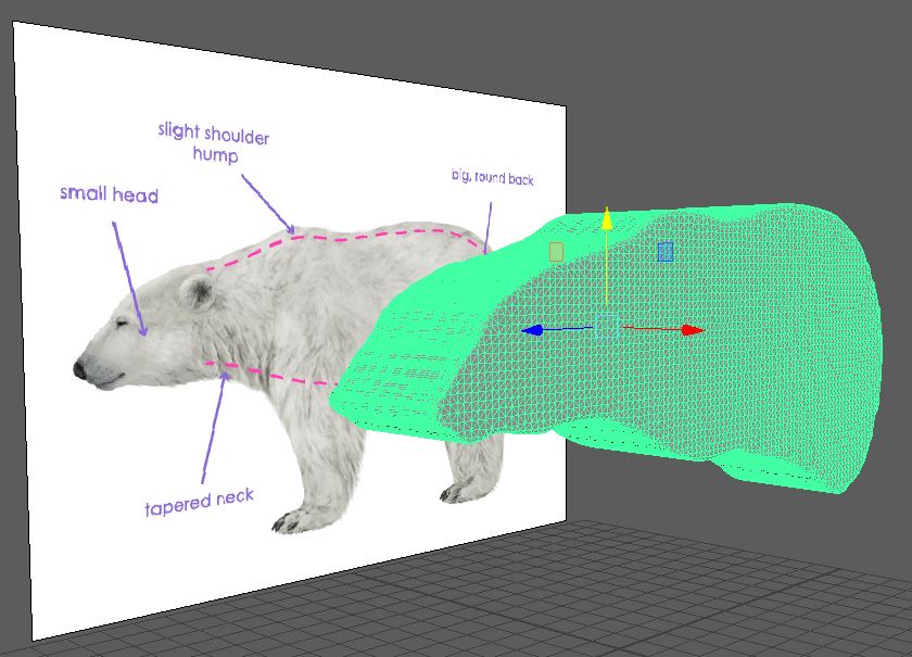 a blob of 3D polygon beside a diagram of a polar bear in Maya