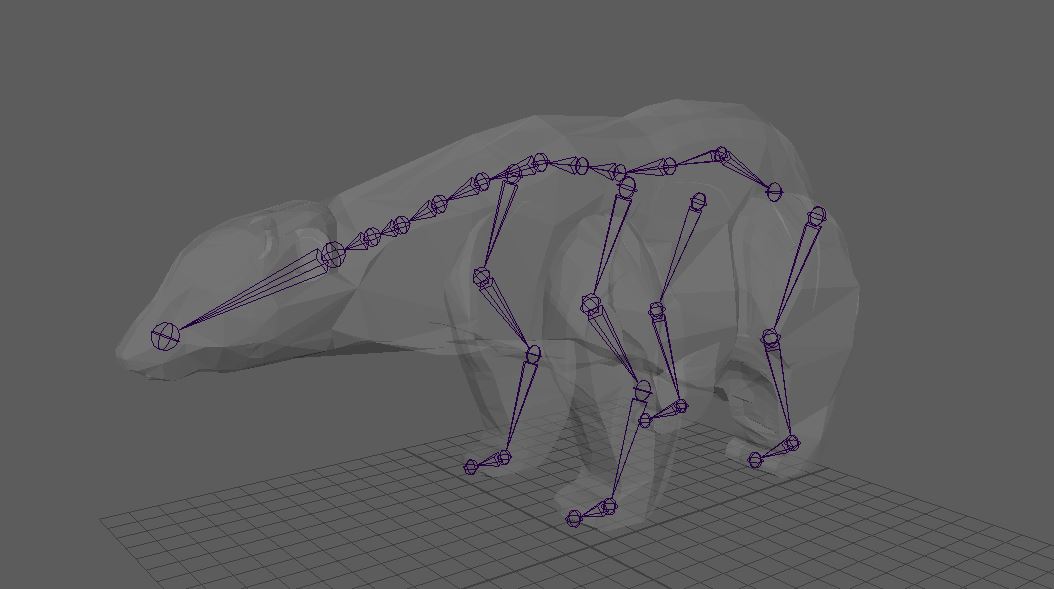 the rigged skeleton in a transparent version of the low-poly 3D polar bear in Maya