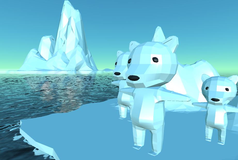 three humanoid 3D models of polar bear cubs, floating on an iceberg with their arms stretched out
