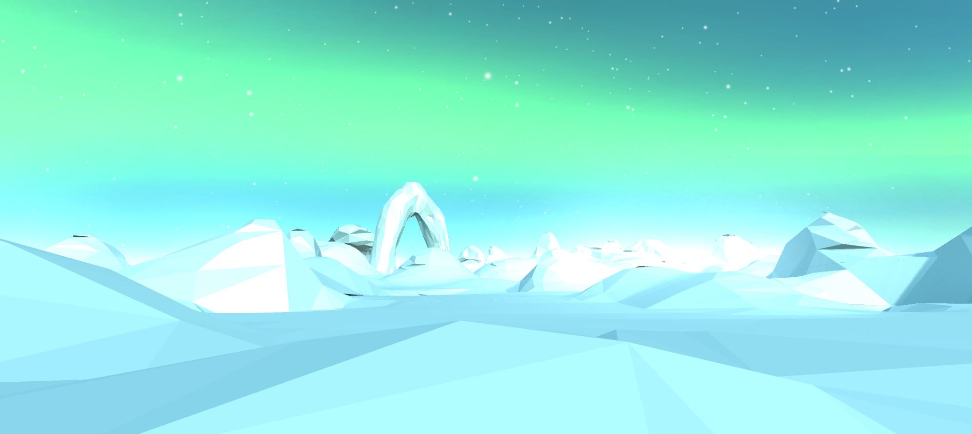 a simulated frozen land with the aurora lights showing and snow fall