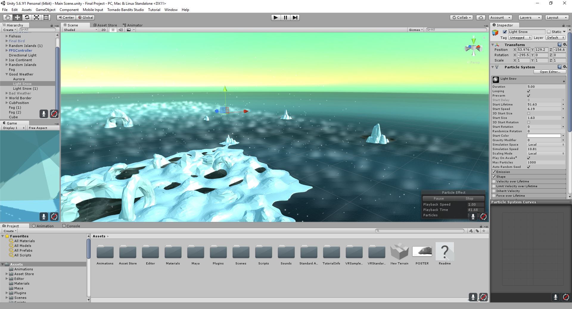 a screenshot of Jameson's progress in creating the snow fall and lighting, while also showing the Unity User Interface