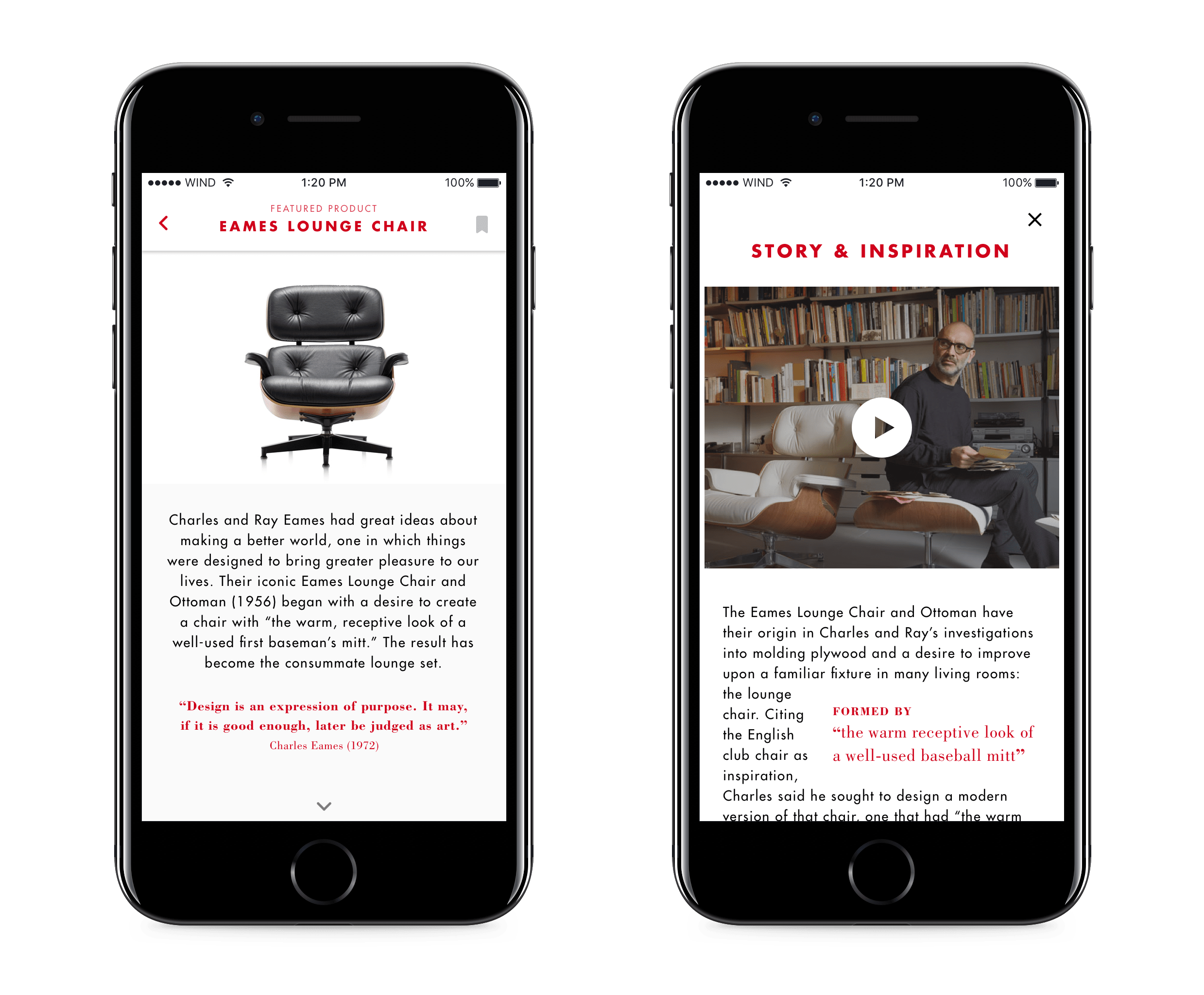 UI Screens featuring the story and product info.