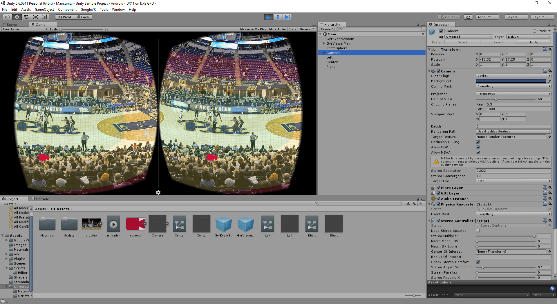 Screenshot of my Unity workspace and VR template