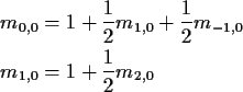 \begin{align*}m_{0,0} & = 1 + \frac{1}{2}m_{1,0}+\frac{1}{2} m_{-1,0}
\\
m_{1,0} & = 1 + \frac{1}{2} m_{2,0}
\end{align*}