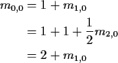 \begin{align*}m_{0,0} & = 1 + m_{1,0}
\\
& = 1+ 1 + \frac{1}{2} m_{2,0}
\\
& = 2 + m_{1,0}
\end{align*}