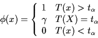 \begin{displaymath}\phi(x) =\left\{\begin{array}{ll}
1 & T(x) > t_\alpha
\\
\gamma & T(X)=t_\alpha
\\
0 & T(x) < t_\alpha
\end{array}\right.
\end{displaymath}