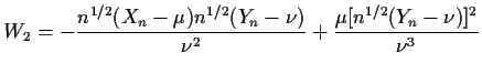 $\displaystyle W_2 = - \frac{n^{1/2}(X_n-\mu) n^{1/2}(Y_n-\nu)}{\nu^2}
+
\frac{\mu[ n^{1/2}(Y_n-\nu)]^2}{\nu^3}
$