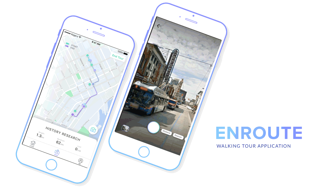 two slanted iPhone with road interfaces titled Enroute walking tour application