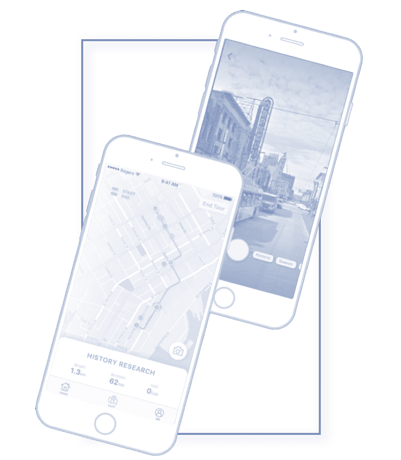 two purple and white iphone with map and camera interfaces on a purple square