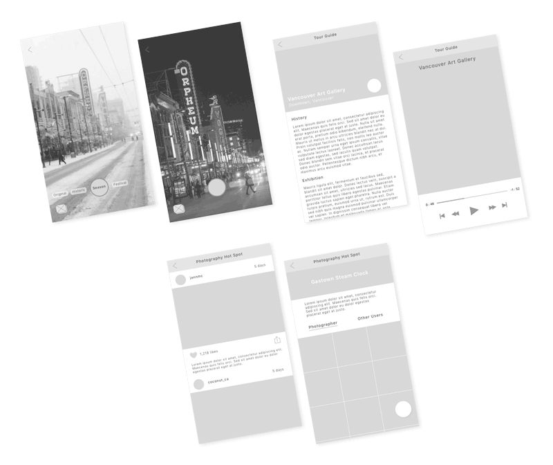 six slanted black and white wireframes showing enroute interfaces 