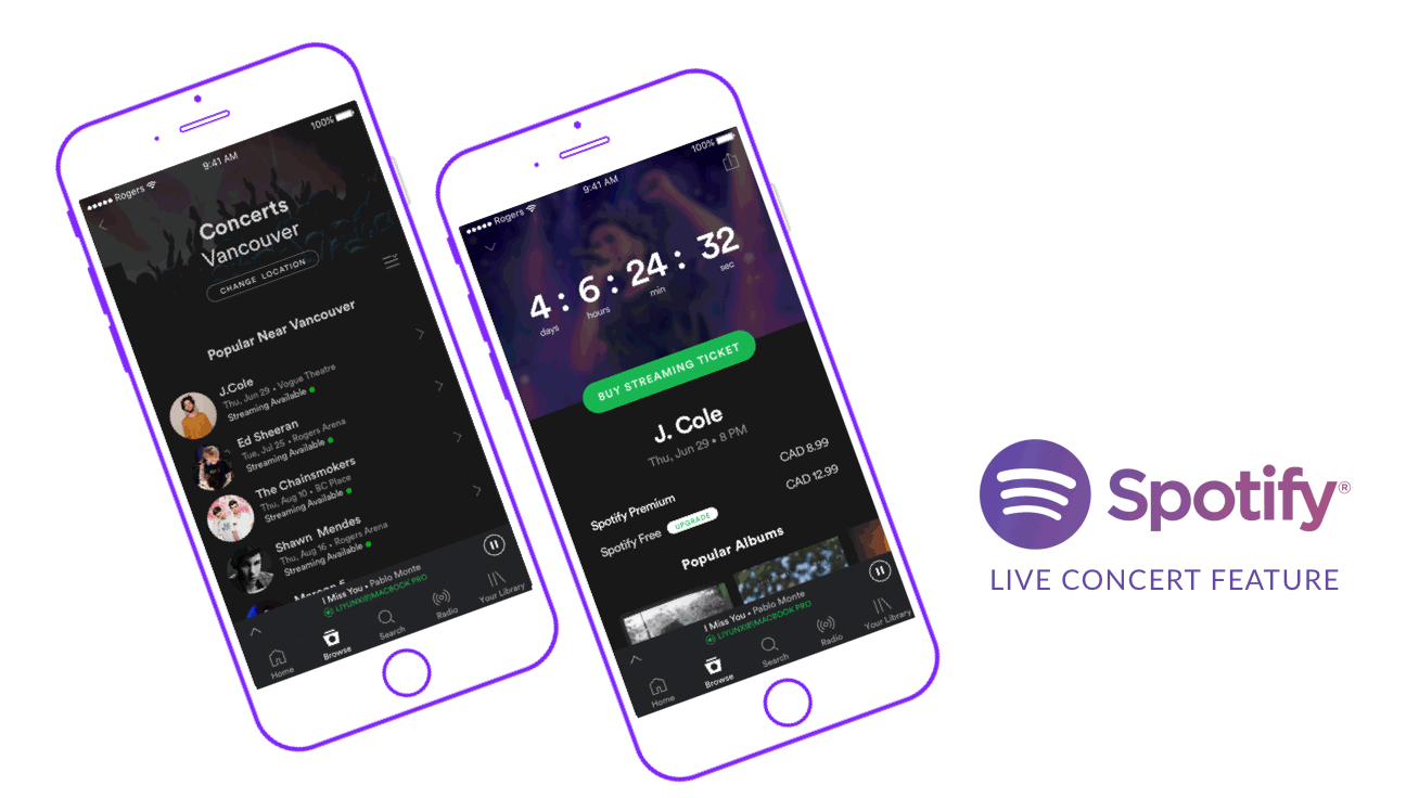 two colorful slanted iphones with spotify interfaces on a white background titled Spotify live concert feature 