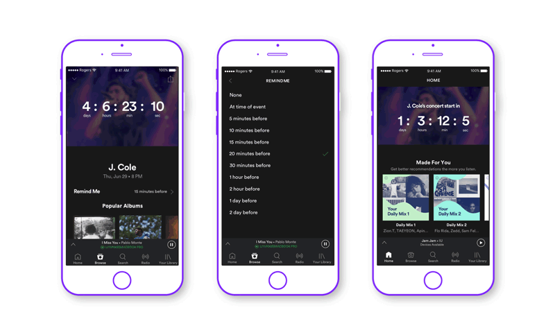 three colorful interfaces with purple frames