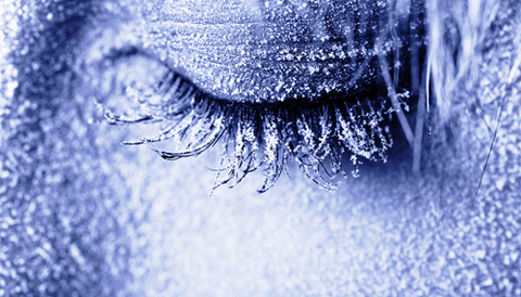 An eye with condensed ice crystals