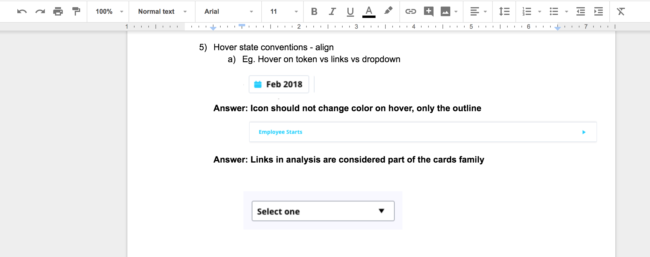 image of feedback comments on the hover states for different UI components