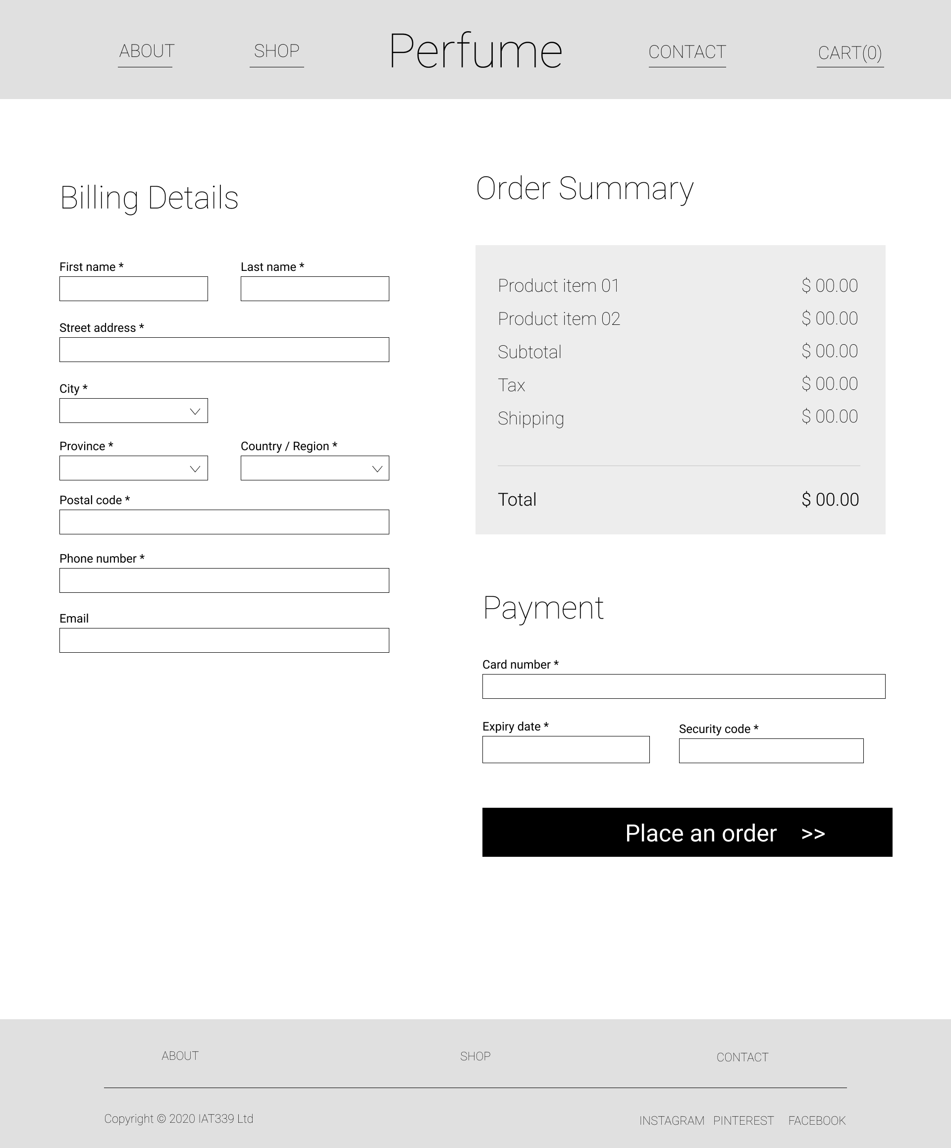 Wireframe for checkout page