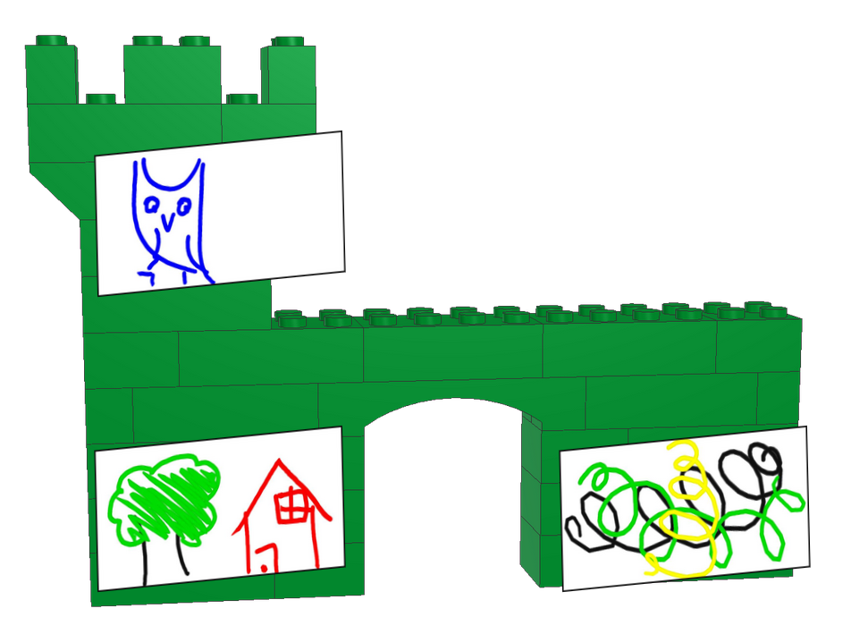 An L-shaped castle block tower with three drawings stuck on the front: an owl (top left), a simple, colourful drawing of a tree and a house (bottom left), and scribbles in green, black, and yellow (bottom right).