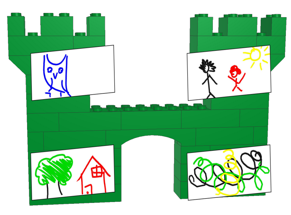 A castle made of building blocks with four drawings stuck on the front: an owl (top left), a simple, colourful drawing of a tree and a house (bottom left), scribbles in green, black, and yellow (bottom right), and two black and red stick figures standing under a yellow sun (top right).