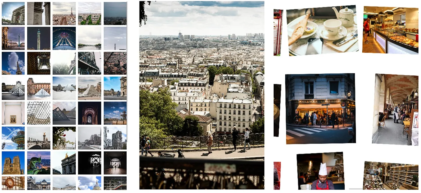 Three screenshots. First, a grid of small square pictures of various Paris landmarks, including the Eiffel Tower and the Louvre museum. Each row has 5 pictures and the last row is cut off. Second, a street view with pedestrians, partially blocked by a fence with Parisian houses behind. Third, various differently rotated images. Two pictures are fully visible: one shows a French breakfast and the other shows a crowd outside a bakery.