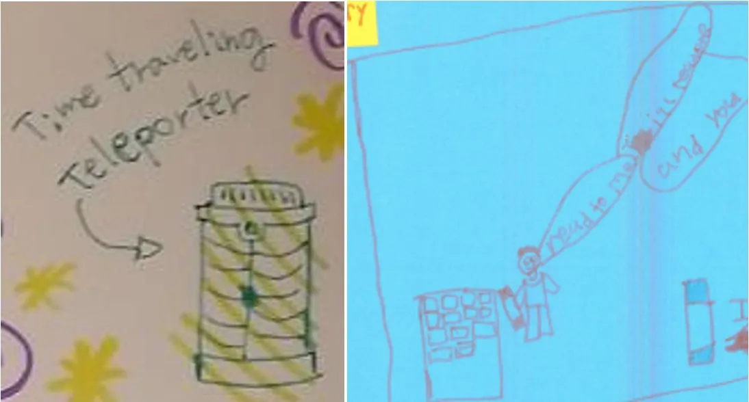 Two drawings from separate designs are side by side. Left, a close up shot of a teleporter drawn by a grandchild and labeled “Time traveling teleporter” with an arrow. Right, a drawing shows a child saying “Reud [sic] to me and I’ll reud [sic] to you” in front of their magic posterboard.