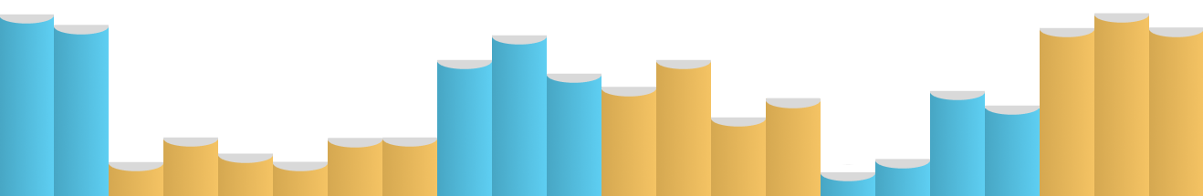 A bar chart stylized to look like books on a shelf. The bars alternate groups of orange and blue.