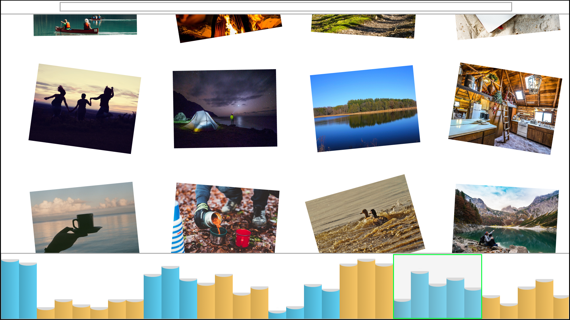 Website wireframe shows a grid of skewed photographs of a camping vacation. At the bottom of the screen is a bar chart stylized to look like books on a shelf. The bars alternate groups of orange and blue, and the last blue group is bordered by a green frame.