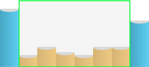 A bar chart stylized to look like books on a shelf. Six very short orange bars are bordered by a green frame with one tall blue bar on either side.