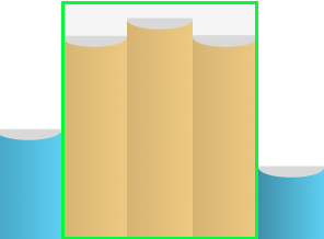 A bar chart stylized to look like books on a shelf. Three tall orange bars are bordered by a green frame with a very short blue bar on either side.