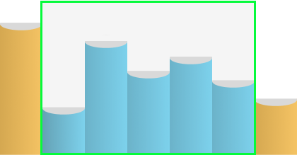 A bar chart stylized to look like books on a shelf. Five blue bars of varying medium height are bordered by a green frame with one orange bar on either side.