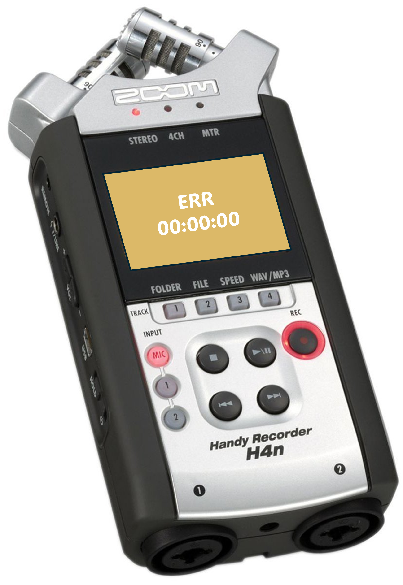 An audio recorder showing 'ERR 00:00:00' on the screen.